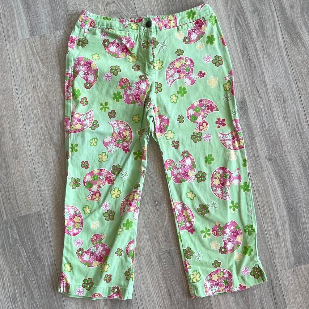 Vintage Y2K Duck Head Green Floral Capri Pants with Ducky Design Preppy READ